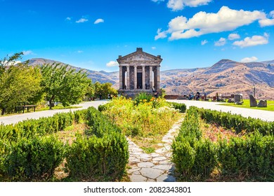 Hellenistic ancient pagan Garni temple in Armenia. Sunny day.