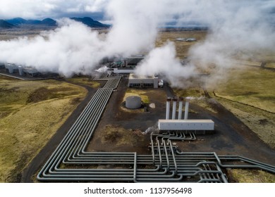 Hellisheidi geothermal powerplant shot from the air in early june, pipes an stam visible
