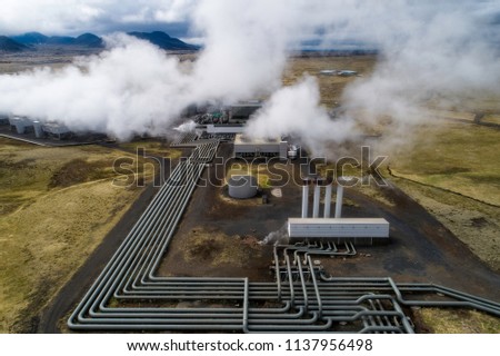 Hellisheidi geothermal powerplant shot from the air in early june, pipes an stam visible