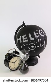 Hello 2021 , Black Glob On White Background