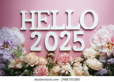 Hello 2025 alphabet letter with flower decoration on pink background - Powered by Shutterstock