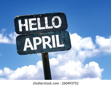 Hello April sign with sky background