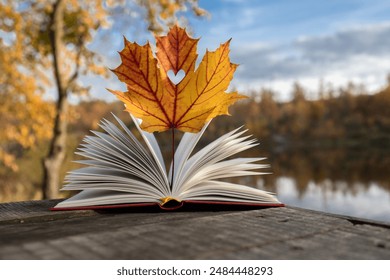 Hello, Autumn. I love autumn and books. An open page of a book and an autumn maple leaf with a heart cut out in it against the background of a blue sky. education concept, back to school. Canada Day - Powered by Shutterstock