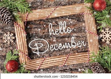 HELLO DECEMBER handwritten inscription. Winter holiday composition. New Year and Christmas celebration. Winter holidays concept. Christmas decorations. Top View. - Powered by Shutterstock