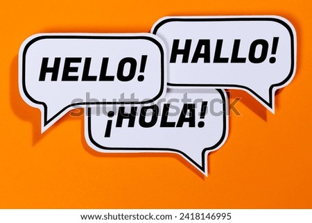 Hello in different languages speech bubble communication concept talking saying orange