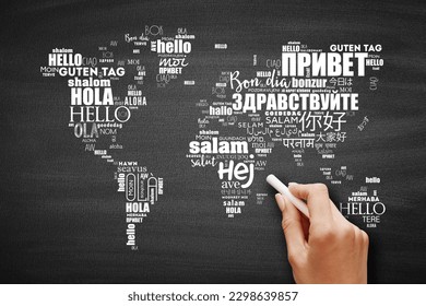 Hello in different languages word cloud in shape of World Map, business concept background