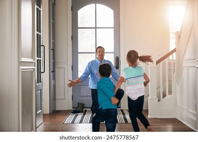 Hello, door and father with children hug in home for greeting, welcome and bonding. Family, happy parent and dad with kids in house embrace for affection, relationship and excited for house return - Powered by Shutterstock