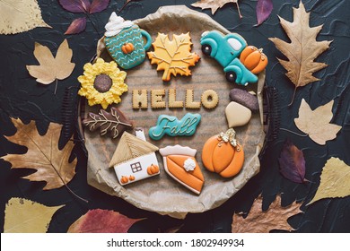 Hello Fall. Multicolored Autumn Cookies On A Black Background.