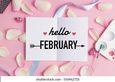 Hello february on pastel background. - Shutterstock ID 556962733