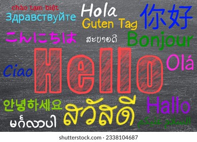 Hello or greeting international word cloud in different languages of the world handwritten in colors chalk on blackboard background. concept WORLD HELLO DAY, 21 NOV.  - Powered by Shutterstock