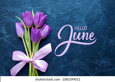 Hello June hand lettering inscription with summer tulip flowers on blue background.