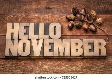 hello November greeting card - letterpress wood type blocks against grained wood with acorn decoration