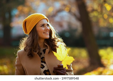 Hello november. smiling elegant woman in brown coat and yellow hat with autumn yellow leaves outdoors on the city street in autumn.