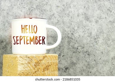 Hello September written on white coffee cup on 3d wooden cube - Shutterstock ID 2186851035