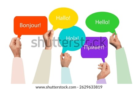 Hello speech bubble with multilingual greetings. Word HI in English, Spanish, French, Chinese, Russian for international communication and cultural diversity. Text in different languages, promoting