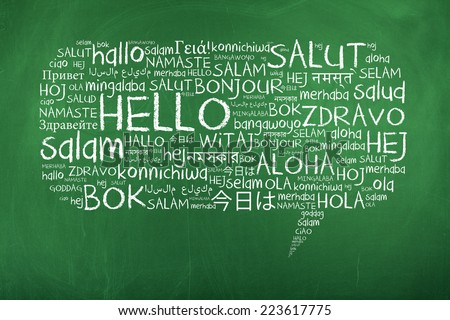 Hello Speech Bubble Word Cloud on Chalkboard in Many Different Languages