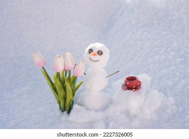 Hello spring, bye winter. Snowman with coffee cup. Snow man with flowers.