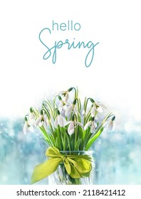 Hello Spring. Gentle snowdrop flowers in glass vase, abstract natural background. Blossom white snowdrops, symbol of spring season
