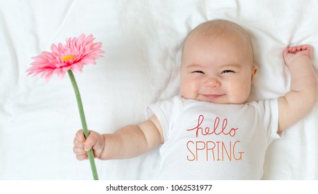 Hello Spring Message With Baby Girl Holding A Flower