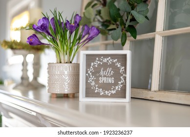 Hello Spring Sign With Purple Flowers On The Mantel