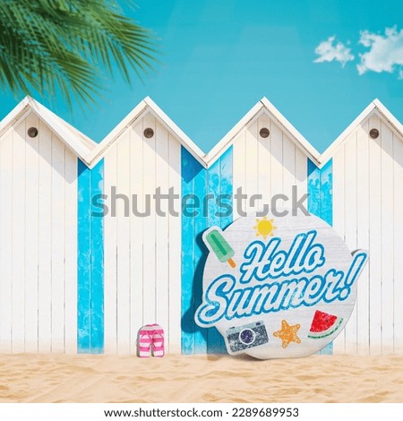 Hello Summer sign and beach huts, summer vacations at the seaside concept