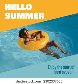 Hello summer text and african american woman with afro hair relaxing on inflatable swim ring in pool. Composite, bikini, enjoy the start of best season, pool party, enjoyment and holiday concept. - Powered by Shutterstock