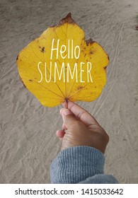 Hello Summer Text On An Autumn Leaf In Yellow Color. A Young Woman Hand Holds The Leaf With White Sands Background. Human Body Part And Nature Photo Concept.