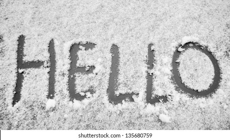 Hello Word Itched On A Snowy Glass Window Greeting Or Saying Hi To Others