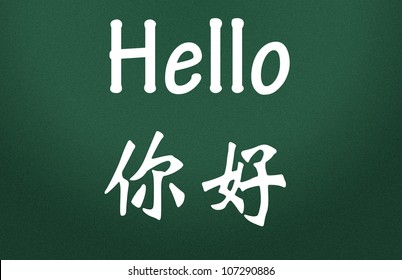 hello word write with chinese on blackboard