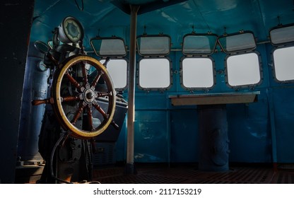 The Helm In A Cabin With Instruments, Consoles In The Battleship From WW2 