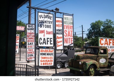 Helotes, TX - May 19 2020: John T. Floore's Country Dance Hall And Cafe Historic Signs