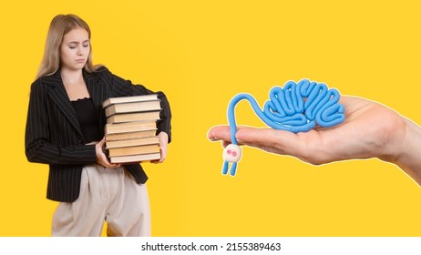 Help For Brain. Charge Brain. A Frustrated Student With Books. A Student Girl Needs Rest. Rest For The Brain. Mental Rest. Cognitive Decline.