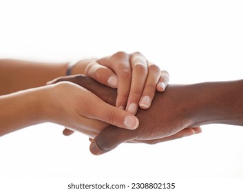 Help, comfort and people holding hands in support of love, empathy and understanding on white background. Hand, hope and person with trust comforting for bad news, diagnosis or cancer and depression - Powered by Shutterstock