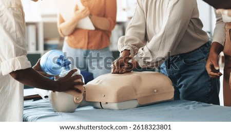 Help, cpr and hands with mask, dummy and lesson for process in emergency, healthcare and demonstration. Course, people and instructor with ventilator for mannequin, breathing and oxygen in class
