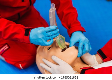 help emergency with complications in the respiratory tract. introduction endotracheal tube (ETT) into trachea ensure airway patency. medical student performs procedure exam.