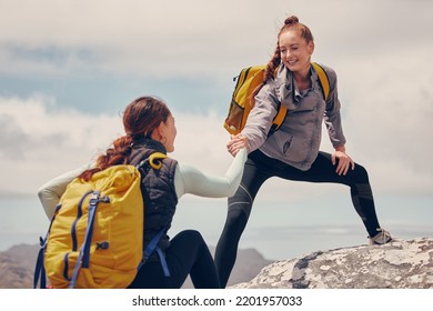 Help Hands, Friends Or Women Hiking Up A Mountain, Hill Or In Nature With A Smile. Travel, Adventure And Trekking Females On An Outdoor, Countryside Or Rock Climbing Recreation Exercise Activity.