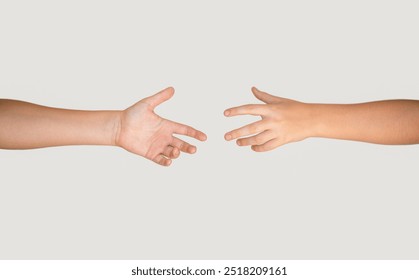 Help, helping, suport. Closeup two hands reaching to each other. Concept for salvation, rescue, friendship, guidance, help, helping. Man's hand holds a hand of the child. Child and woman hands. - Powered by Shutterstock