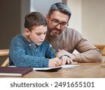 Help, homework and dad with child at table for teaching, learning and notebook for school project. Writing, notes and father studying in home with man for support, advice and growth in kids education