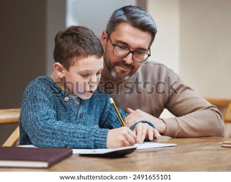 Help, homework and dad with child at table for teaching, learning and notebook for school project. Writing, notes and father studying in home with man for support, advice and growth in kids education