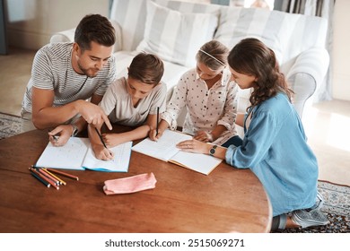 Help, kids and homework with parents in lounge for learning, teaching and relax together in living room. Mom, dad and children bonding in home with books, studying and support for education at table - Powered by Shutterstock