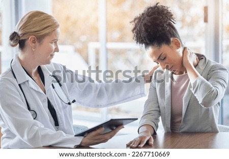 Help, neck pain and medical with black woman and doctor for injury, healthcare and physical therapy. Tablet, checklist and medicine with expert and patient for examination, research and results