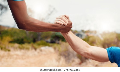 Help, runner and team with hands of men outdoor for workout partner, fitness and support together. Exercise club, assistance and training aide with friends in nature for sports, synergy and health