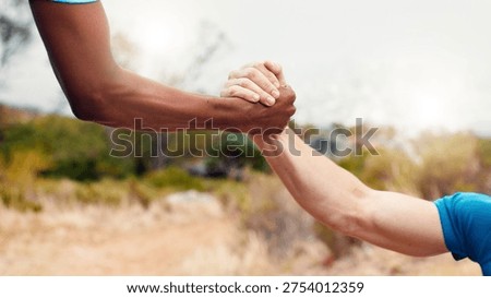 Help, runner and team with hands of men outdoor for workout partner, fitness and support together. Exercise club, assistance and training aide with friends in nature for sports, synergy and health