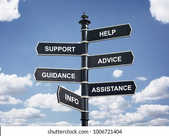 Help, support, advice, guidance, assistance and info crossroad signpost business concept - Shutterstock ID 1006721404