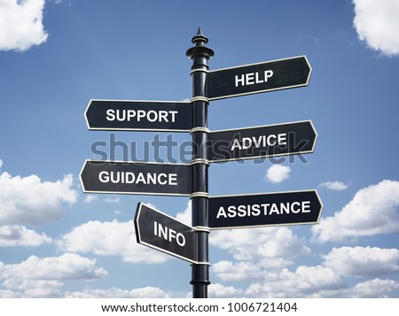 Help, support, advice, guidance, assistance and info crossroad signpost business concept