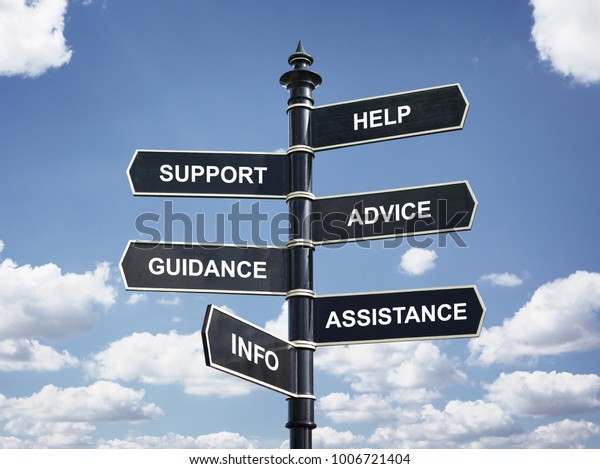 Help, support, advice, guidance,\
assistance and info crossroad signpost business\
concept