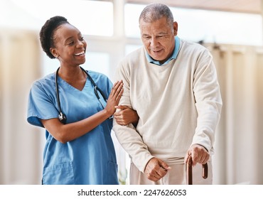 Help, support and medical with nurse and old man and cane for retirement, rehabilitation or healing. Empathy, physical therapy and healthcare with patient and walking stick in caregiver nursing home - Shutterstock ID 2247626053