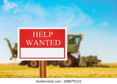 Help Wanted Sign In Farm Field. Farm Labor Shortage, Agriculture Job And Employment Concept