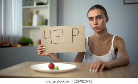 Help Word Written By Depressed Anorexic Girl, Starving Body, Eating Disorder