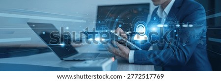 helpdesk solutions. Businessman using tab with analysis data of growth to customer support global connection, service response, technical assistance, client care